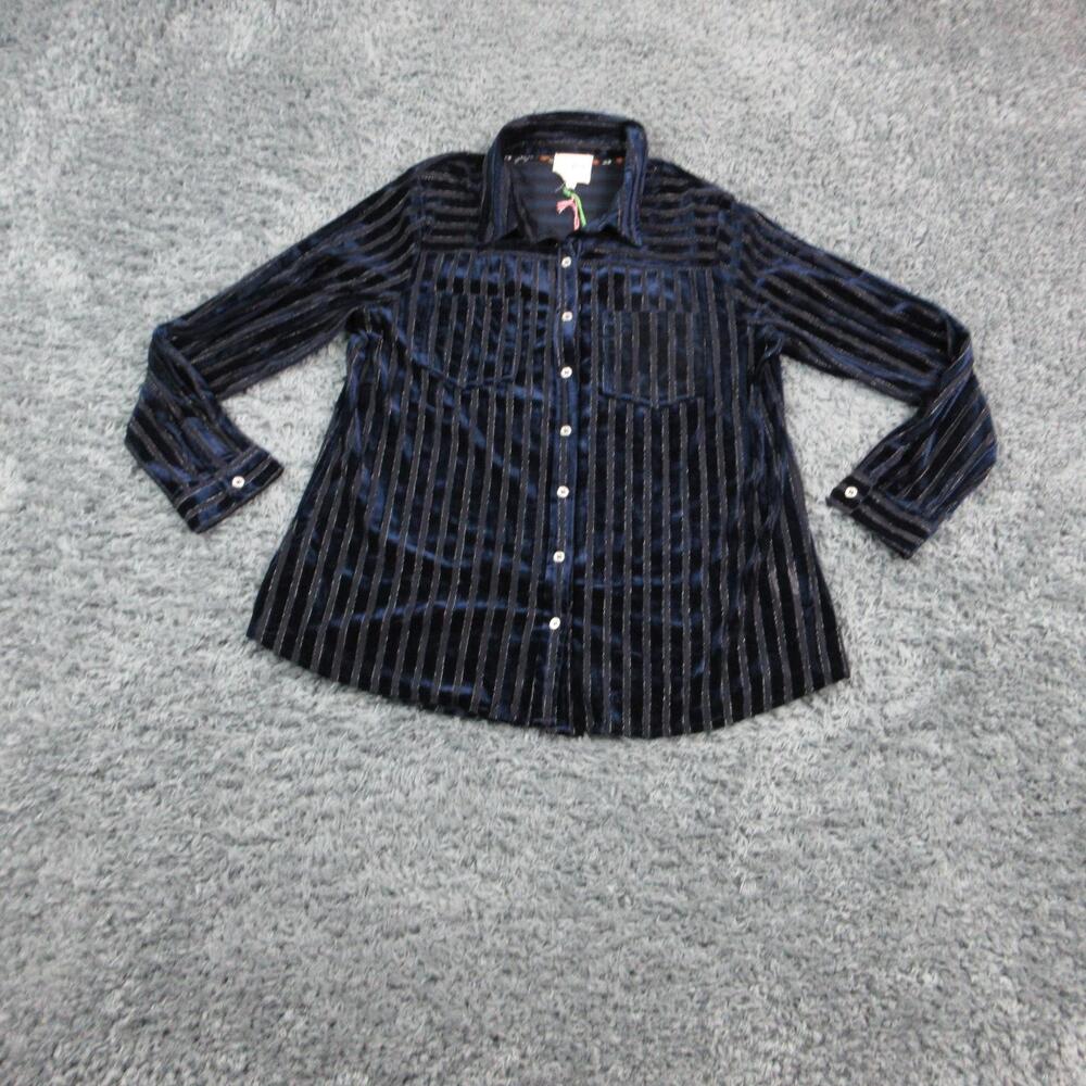 UMGEE Shirt Womens L Blue Striped Velvet Collared Long Sleeve Button-Up NWT